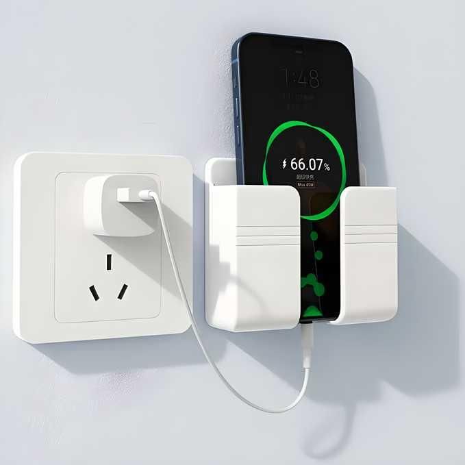 Wall Mount Phone Holder with Strong Adhesive - No Drill Mobile Charging Station