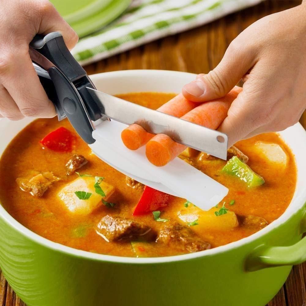 2-in-1 Stainless Steel Clever Cutter Kitchen Knife & Food Chopper with Built-in Mini Chopping Board