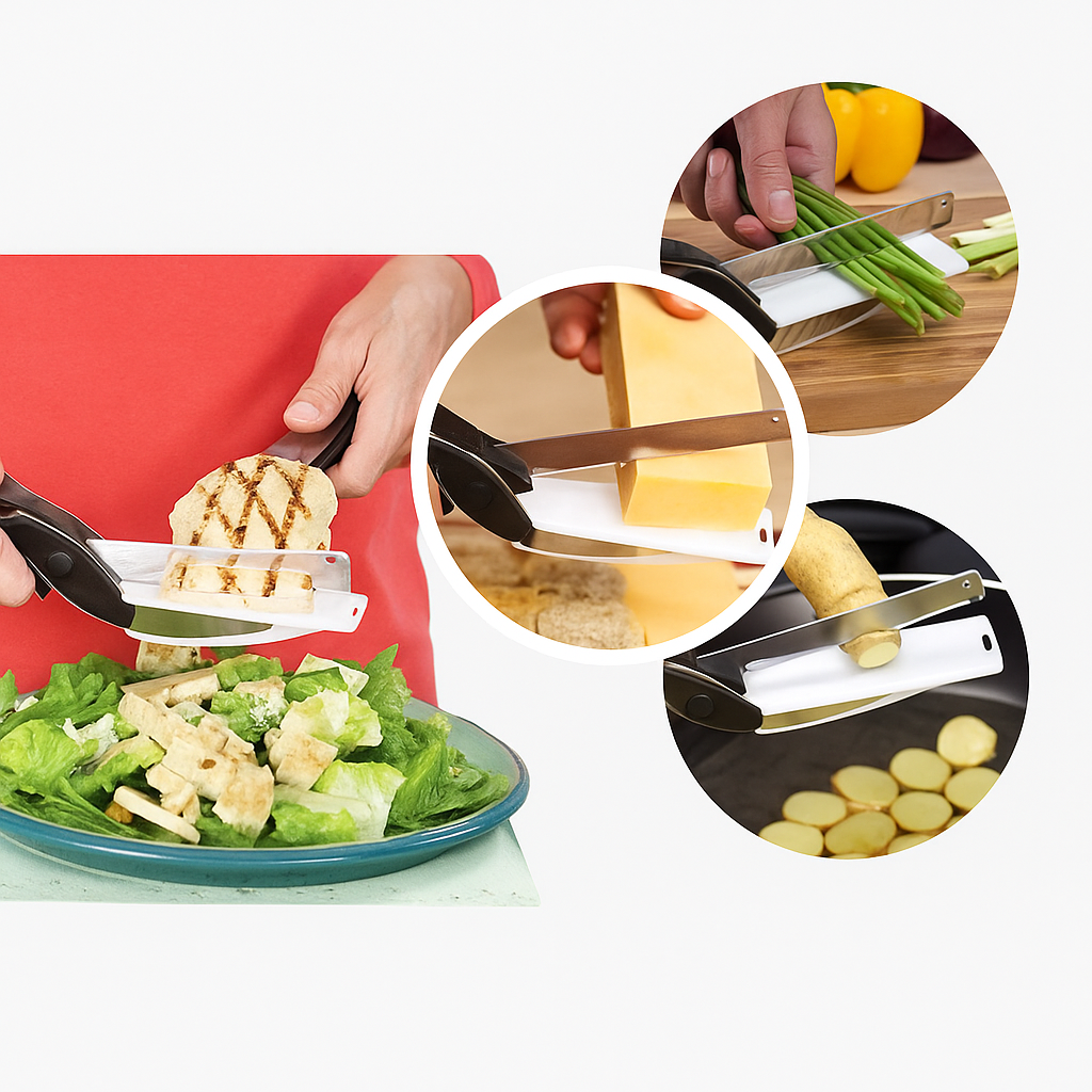 2-in-1 Stainless Steel Clever Cutter Kitchen Knife & Food Chopper with Built-in Mini Chopping Board