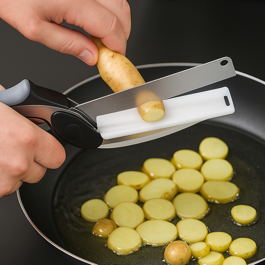 2-in-1 Stainless Steel Clever Cutter Kitchen Knife & Food Chopper with Built-in Mini Chopping Board